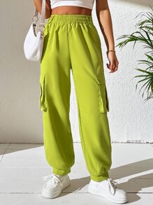 SHEIN Unity Flap Pocket Side Cargo Trousers - Lime Green - View 1