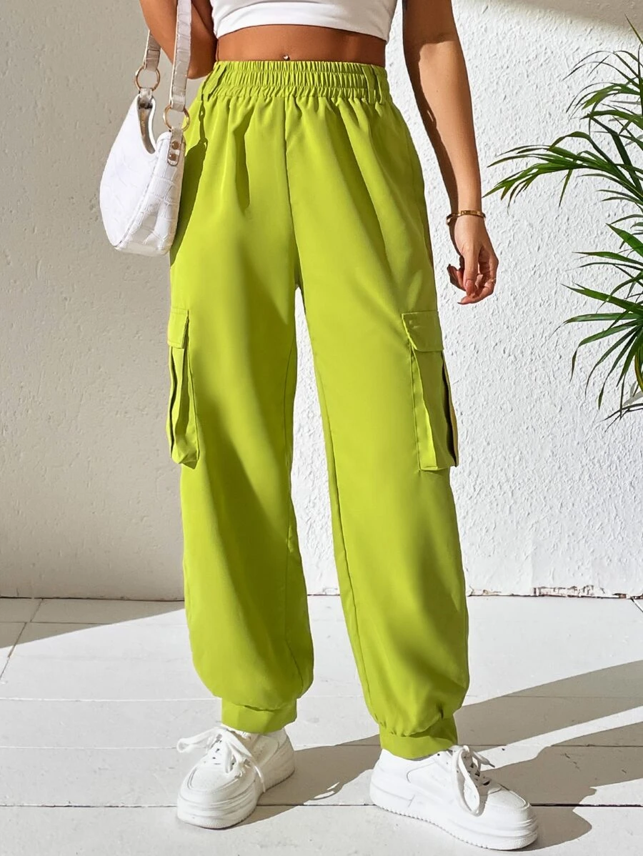 SHEIN Unity Flap Pocket Side Cargo Trousers - Lime Green - View 1