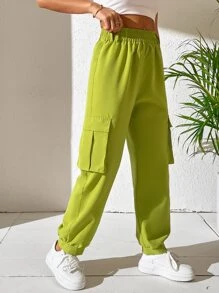 SHEIN Unity Flap Pocket Side Cargo Trousers - Lime Green - View 3