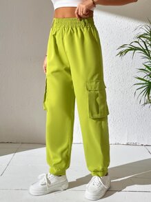 SHEIN Unity Flap Pocket Side Cargo Trousers - Lime Green - View 4