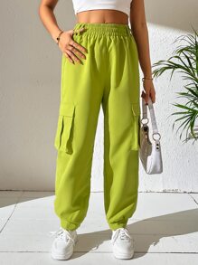 SHEIN Unity Flap Pocket Side Cargo Trousers - Lime Green - View 5