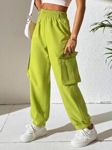 SHEIN Unity Flap Pocket Side Cargo Trousers - Lime Green - View 6