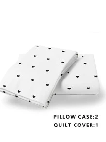 3 pièces Ensemble de literie en forme de cœur noir (1 pièce housse de couette + 2 taies d'oreiller), excluant la couette et les insertions d'oreiller, doux et confortable, convient pour un lit simple/double/double, lavable en machine, décoration de chambre, cadeau de fête