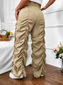 SHEIN Coolane 大碼高腰褶邊降落傘褲 - 卡其色 - 查看 3