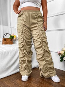 SHEIN Coolane 大碼高腰褶邊降落傘褲 - 卡其色 - 查看 1