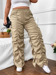 SHEIN Coolane 大碼高腰褶邊降落傘褲 - 卡其色 - 查看 4