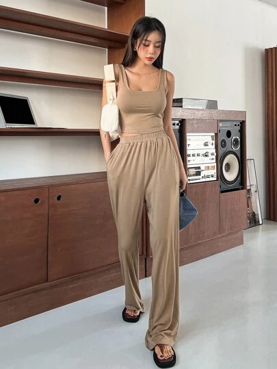 DAZY 素色短款背心和斜口袋長褲