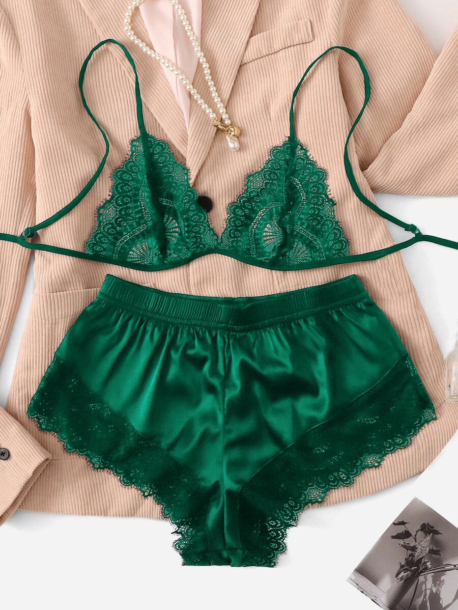 Plus Lace Trim Satin Pyjama Set - Green - View 1