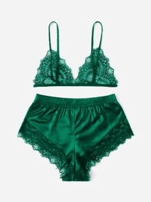 Plus Lace Trim Satin Pyjama Set - Green - View 2