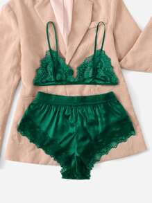 Plus Lace Trim Satin Pyjama Set - Green - View 3