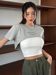 DAZY Letter Graphic Crop Tee Without Cami Top - Grey - View 2