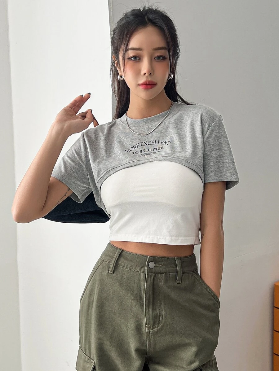 DAZY Letter Graphic Crop Tee Without Cami Top - Grey - View 1
