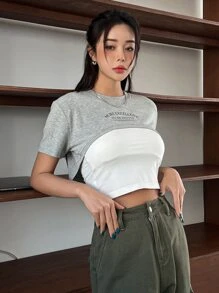 DAZY Letter Graphic Crop Tee Without Cami Top - Grey - View 4