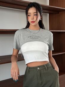DAZY Letter Graphic Crop Tee Without Cami Top - Grey - View 5