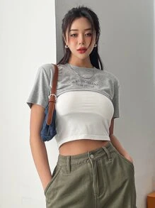 DAZY Letter Graphic Crop Tee Without Cami Top - Grey - View 6