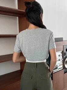 DAZY Letter Graphic Crop Tee Without Cami Top - Grey - View 8