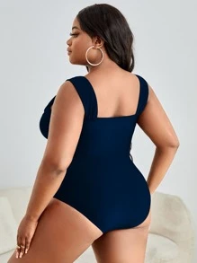 Traje de baño de una pieza con decoración de metal fruncido, para vacaciones de verano en la playa - Azul Marino - Ver 2