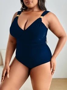 Traje de baño de una pieza con decoración de metal fruncido, para vacaciones de verano en la playa - Azul Marino - Ver 4