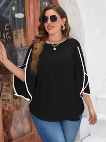 SHEIN LUNE Plus Petal Sleeve Contrast Binding Blouse - Black - View 1