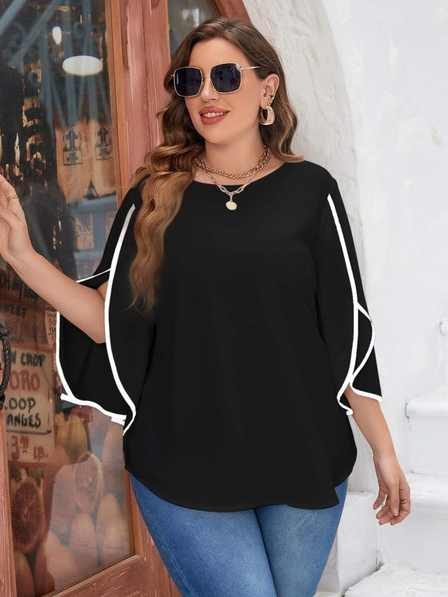 SHEIN LUNE Plus Petal Sleeve Contrast Binding Blouse - Black - View 1