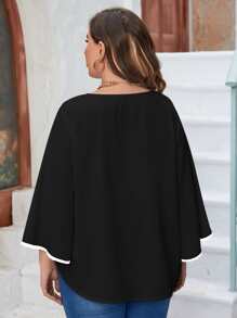 SHEIN LUNE Plus Petal Sleeve Contrast Binding Blouse - Black - View 2