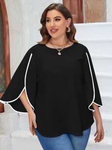 SHEIN LUNE Plus Petal Sleeve Contrast Binding Blouse - Black - View 3