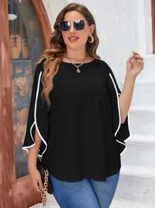 SHEIN LUNE Plus Petal Sleeve Contrast Binding Blouse - Black - View 4