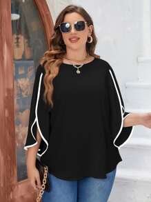 SHEIN LUNE Plus Petal Sleeve Contrast Binding Blouse - Black - View 5