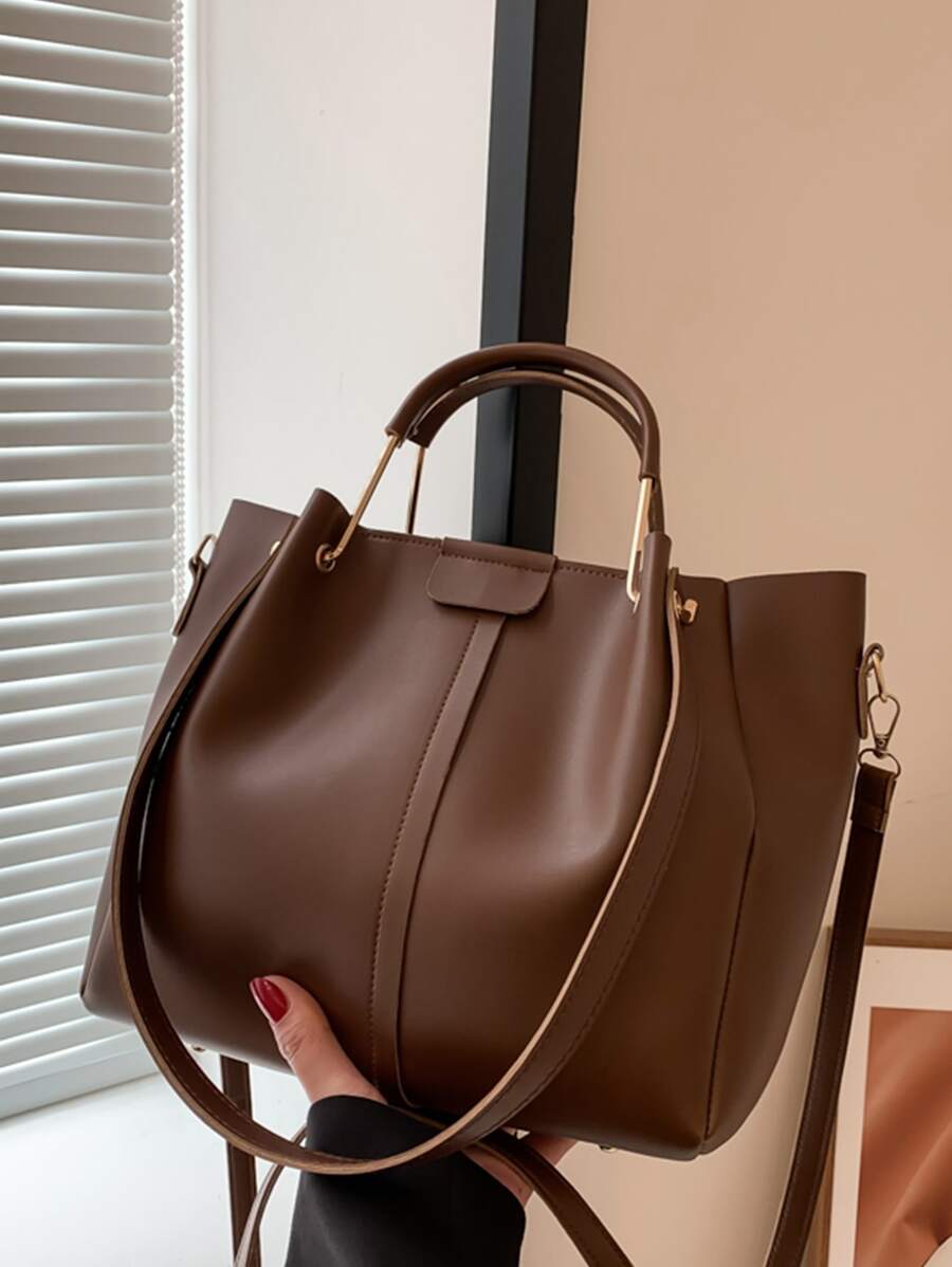 Lightweight, Portable Casual, Fashion, Quiet Luxury Minimalist Double Handle Square Bag Large-Capacity Simple Shoulder Bag, Artificial Leather Crossbody Bag For Work With Detachable Strap For Girls, Women, College Students, Rookies & White-collar Workers For Fall, Winter Essential, For Work, Office, Commute, For Autumn & Winter, Outdoors - Brown - View 1