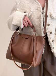 Lightweight, Portable Casual, Fashion, Quiet Luxury Minimalist Double Handle Square Bag Large-Capacity Simple Shoulder Bag, Artificial Leather Crossbody Bag For Work With Detachable Strap For Girls, Women, College Students, Rookies & White-collar Workers For Fall, Winter Essential, For Work, Office, Commute, For Autumn & Winter, Outdoors - Brown - View 5