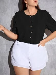 SHEIN Essnce 大碼素色前紐扣泡泡袖T恤 - 黑色 - 查看 1
