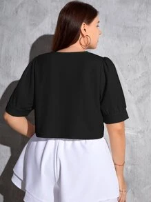 SHEIN Essnce 大碼素色前紐扣泡泡袖T恤 - 黑色 - 查看 2