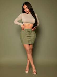 SHEIN SXY Drawstring Front Ruched Bodycon Cargo Skirt - Army Green - View 1