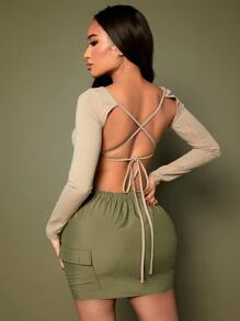 SHEIN SXY Drawstring Front Ruched Bodycon Cargo Skirt - Army Green - View 2