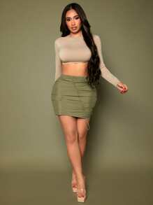 SHEIN SXY Drawstring Front Ruched Bodycon Cargo Skirt - Army Green - View 3