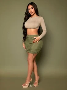 SHEIN SXY Drawstring Front Ruched Bodycon Cargo Skirt - Army Green - View 5