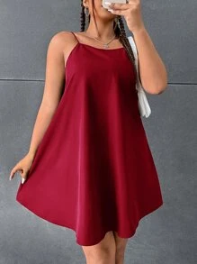 SHEIN EZwear 大碼素色吊帶連衣裙 - 酒紅色 - 查看 1