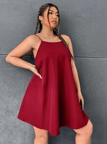 SHEIN EZwear 大碼素色吊帶連衣裙 - 酒紅色 - 查看 4