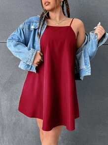 SHEIN EZwear 大碼素色吊帶連衣裙 - 酒紅色 - 查看 5
