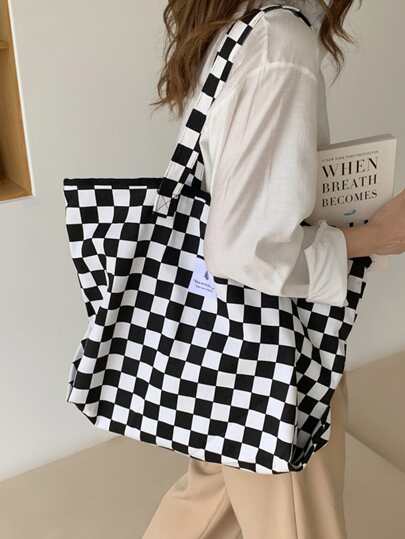 Checkered Pattern Shopper Bag, Canvas Casual Women's Tote Large Capacity Shoulder Bag Fashion Black and White Checkerboard  Handbag For Female