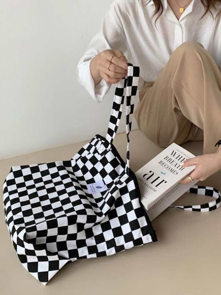 Checkered Pattern Shopper Bag, Canvas Casual Women's Tote Large Capacity Shoulder Bag Fashion Black and White Checkerboard  Handbag For Female