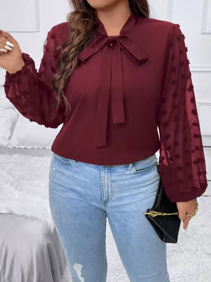 SHEIN Privé Plus Swiss Dot Tie Neck Blouse