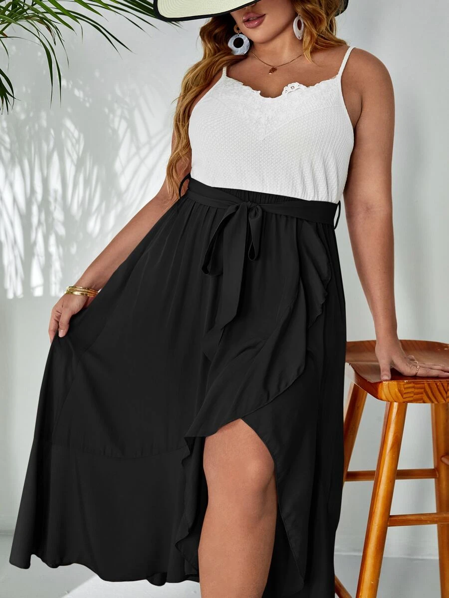 SHEIN VCAY 大碼雙色荷葉邊腰帶吊帶連衣裙