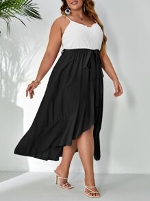 SHEIN VCAY 大碼雙色荷葉邊腰帶吊帶連衣裙