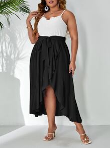 SHEIN VCAY 大碼雙色荷葉邊腰帶吊帶連衣裙