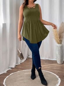 SHEIN LUNE 大碼前交叉荷葉邊下擺背心 - 軍綠色 - 查看 3