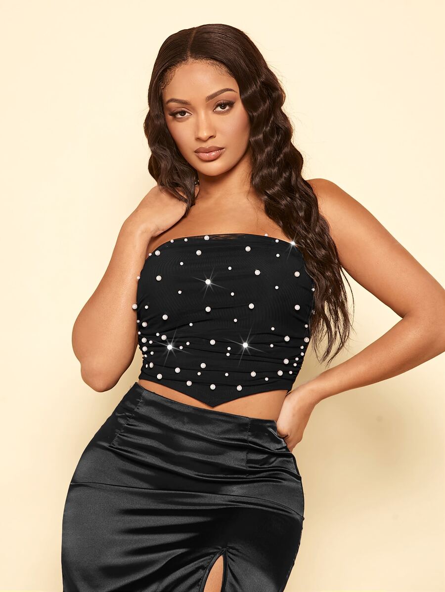 SHEIN SXY 珍珠串珠頭巾下擺短款抹胸上衣 - 黑色 - 查看 1