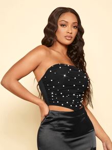 SHEIN SXY 珍珠串珠頭巾下擺短款抹胸上衣 - 黑色 - 查看 6