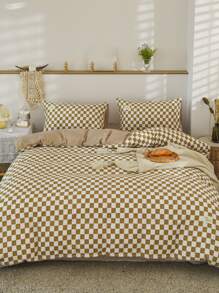 1入組棋盤格圖案被套現代滌綸透氣床上用品被套 - 咖啡棕 - 查看 1