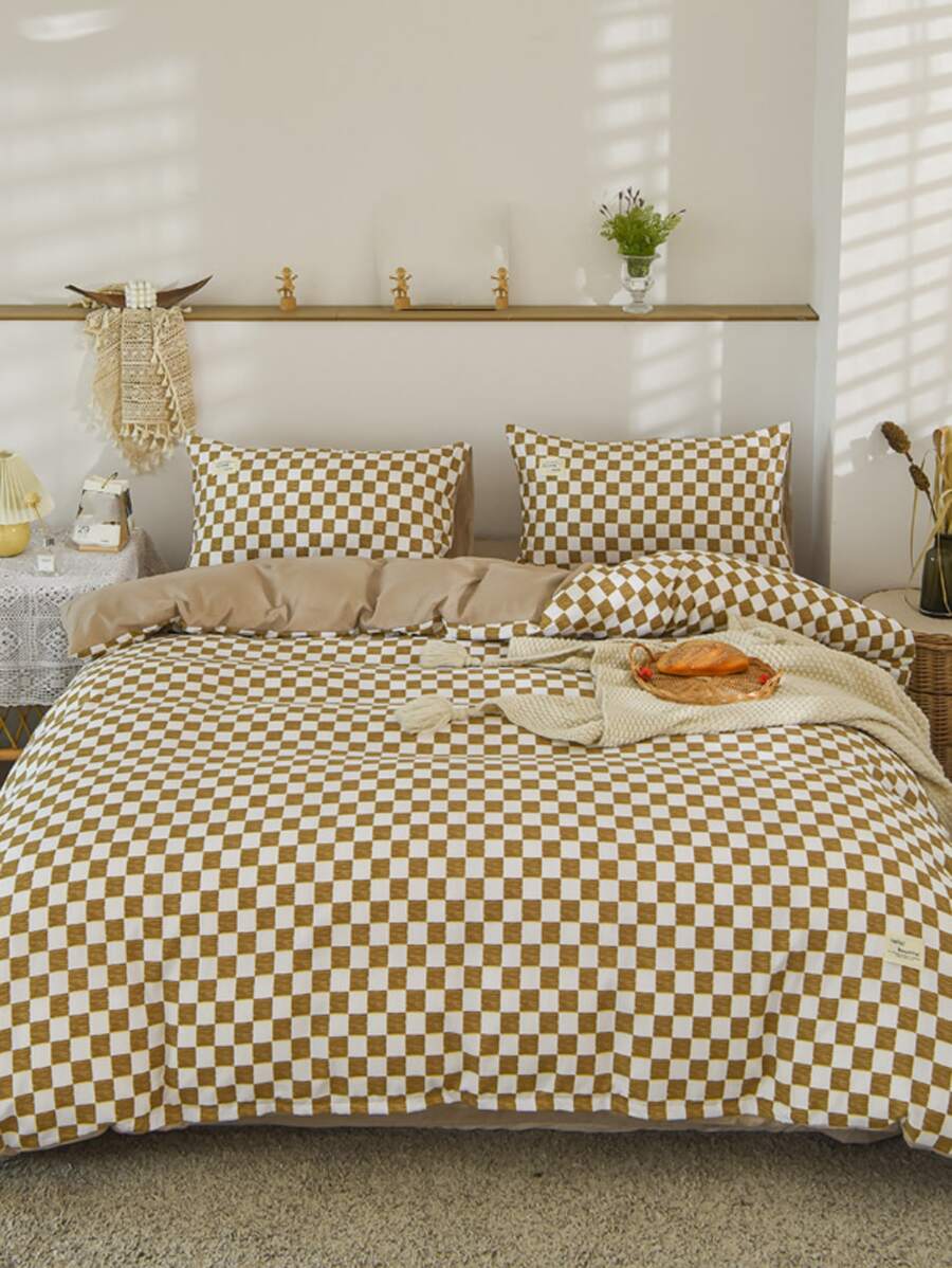 1入組棋盤格圖案被套現代滌綸透氣床上用品被套 - 咖啡棕 - 查看 1
